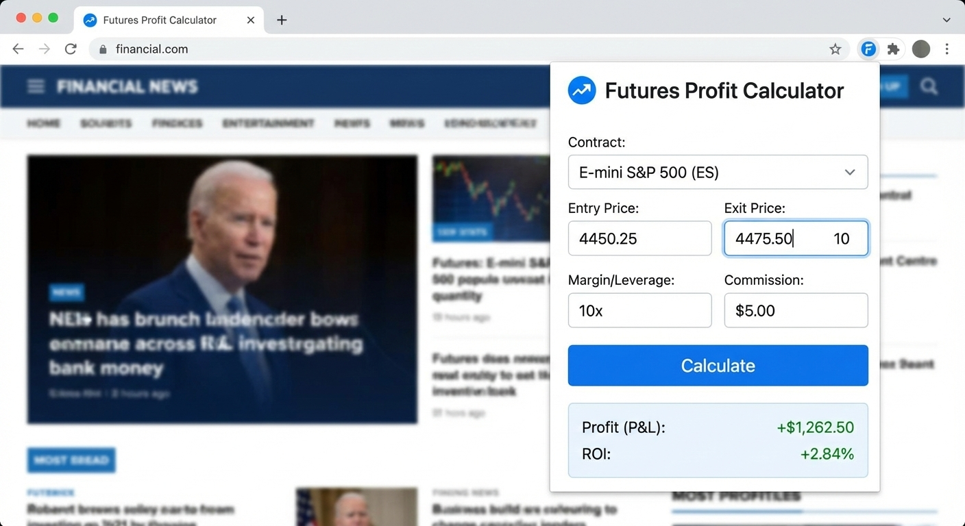 The Chrome extension provides instant position size calculations in a clean, intuitive interface
